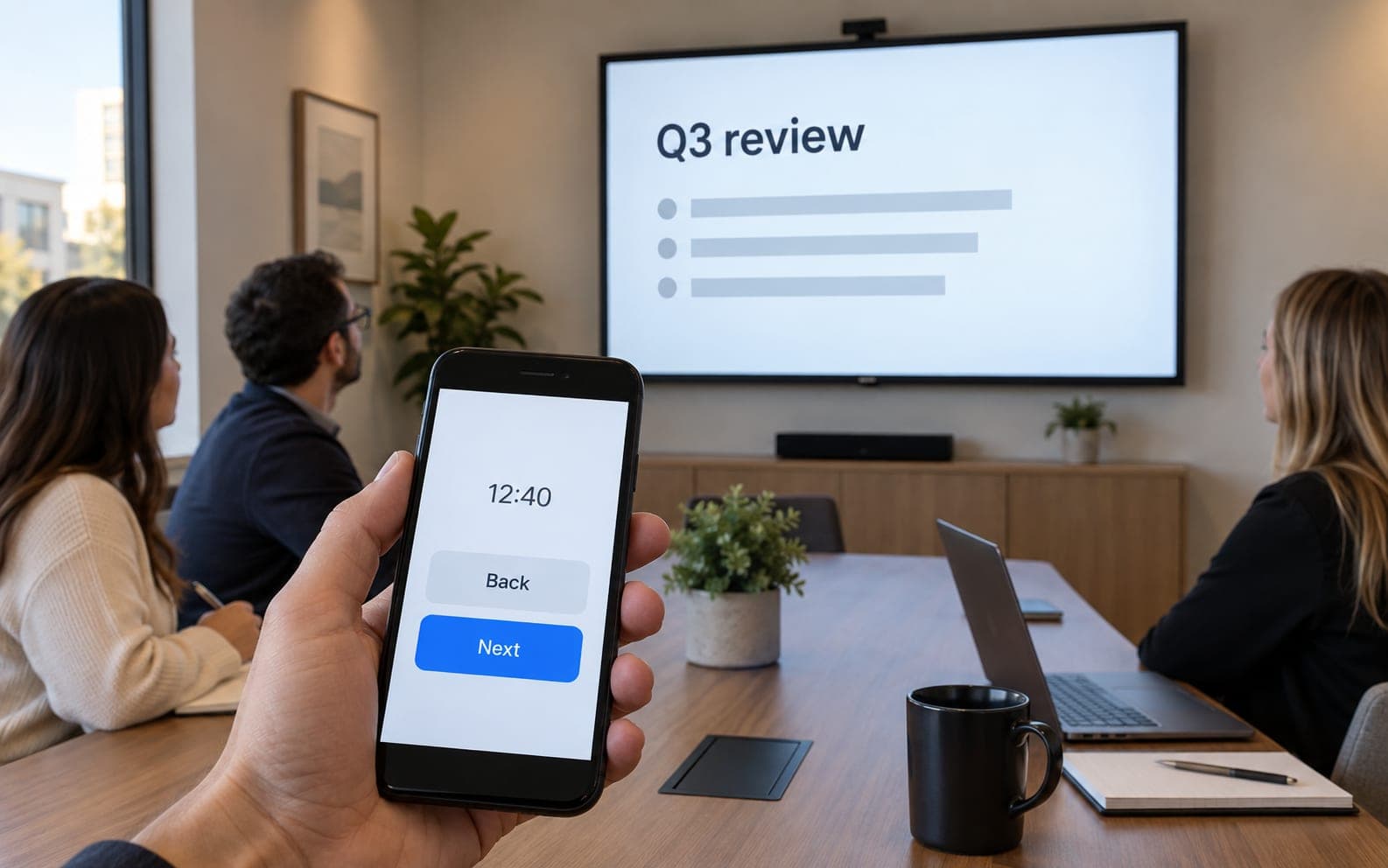 A meeting room. A slide titled Q3 review on the wall screen; a hand holds a phone showing Back and Next buttons and a timer.